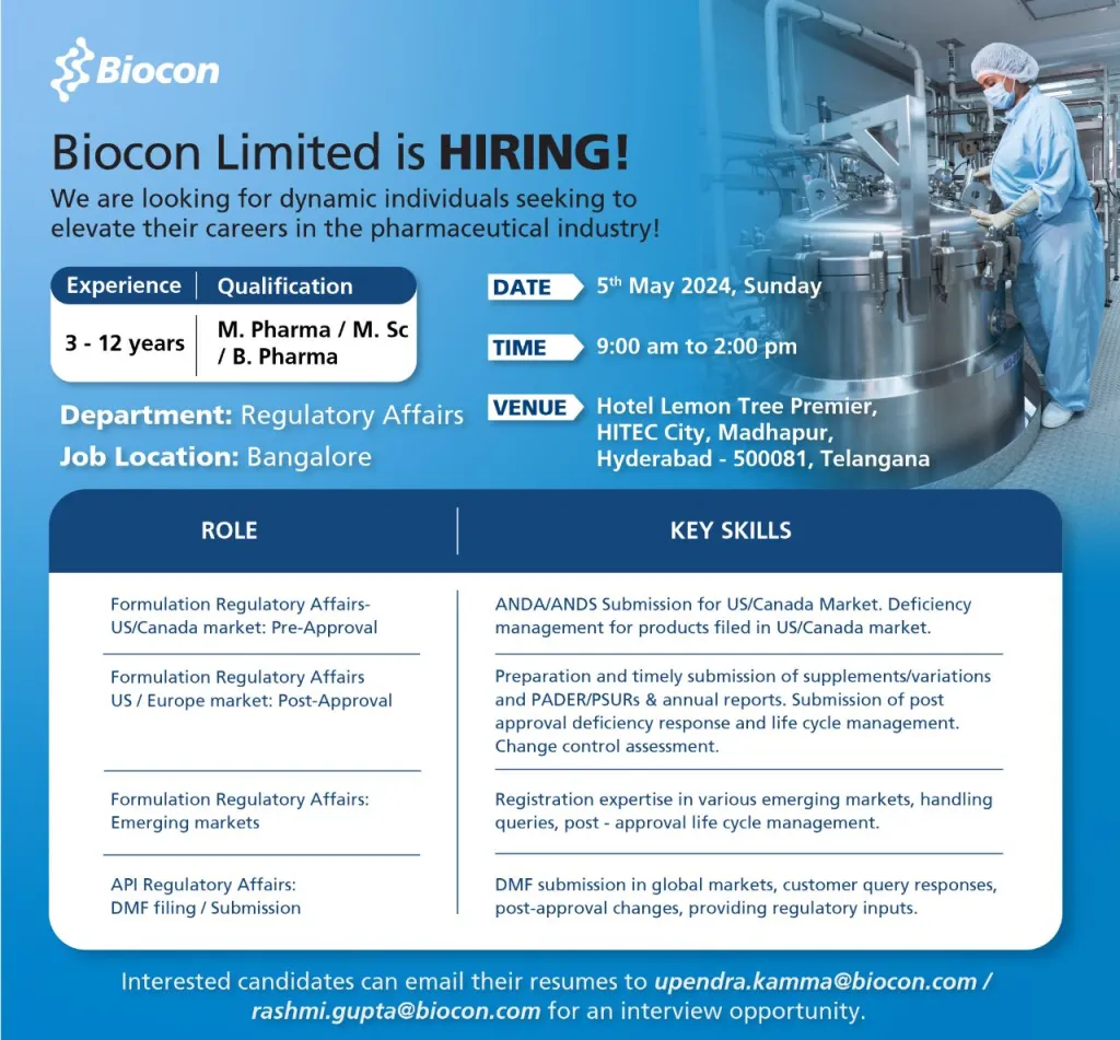 Biocon Limited - Walk-In Interviews on 5th May 2024